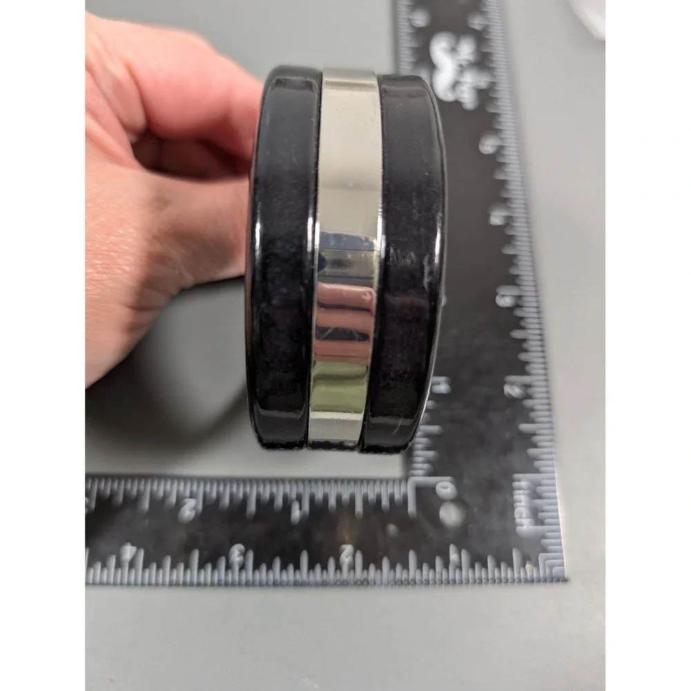 Black Acrylic Bangle Bracelet‎ Wide Chunky Silver Tone Inlay 8 in